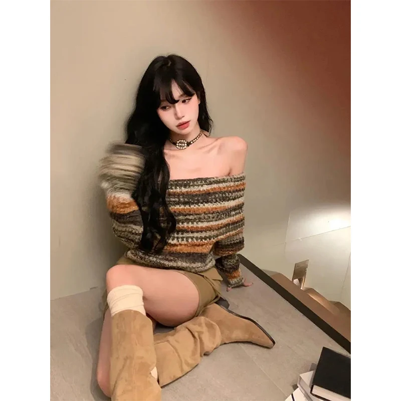 MEXZT Y2K Striped Cropped Sweater Women Slash Neck Knitted Pullover Vintage Harajuku Korean Off Shoulder Slim Jumper Knitwear