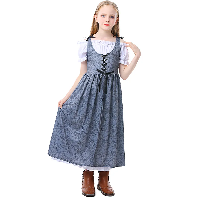 Vestidos victorianos de manga corta con estampado gris, vestido con cordones, bata elegante para chica, disfraz de fiesta elegante para Halloween