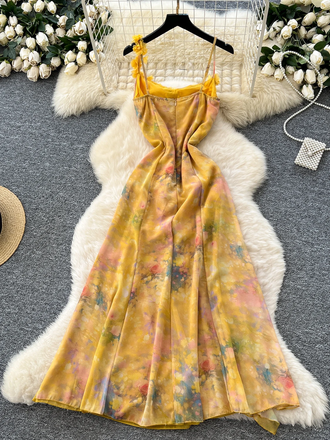 Pure Desire Design Unregelmäßige Spleißen Floral Chiffon Dr Frauen 3D Blume Taille Cinching Strap Lange Dr Koreanische Sle High...