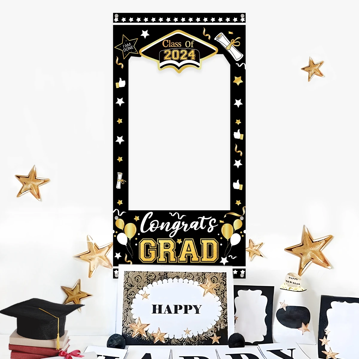 1pc Class Of 2024 Black Gold Graduation Paper Photo Frame Booth Props Bachelor Cap Celebrating Graduation Decoration Supplies