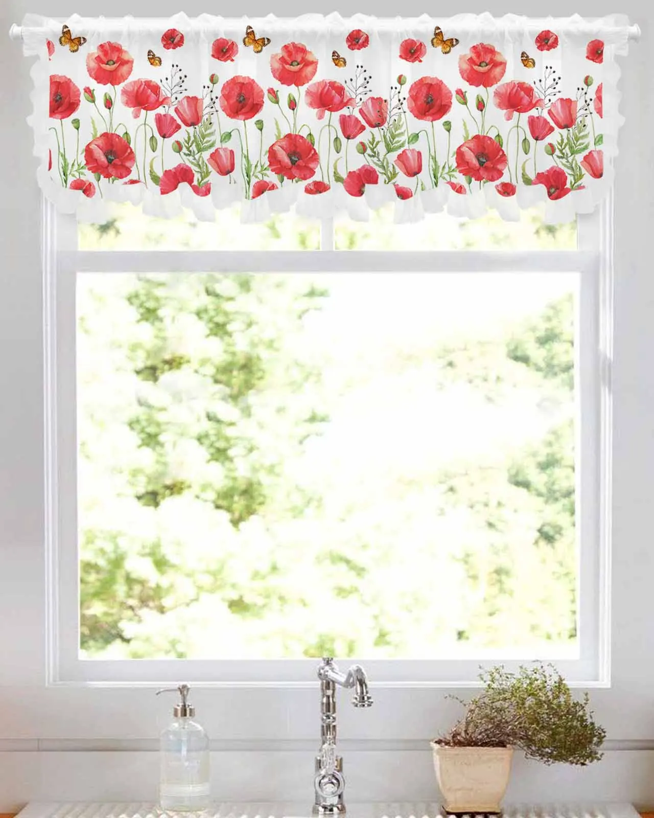 Red Watercolor Poppy Flower Short Tulle Half Curtains for Living Room Kitchen Door Cafe Window Sheer Valance Drapes