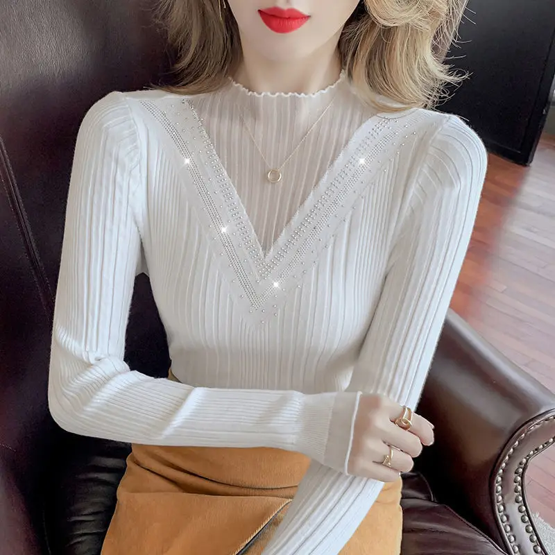 Mesh Knit Sweater with Long Sleeves High-end and Sexy Half Height Collar Worn as a Base Layer Sweater and Fashionable Top