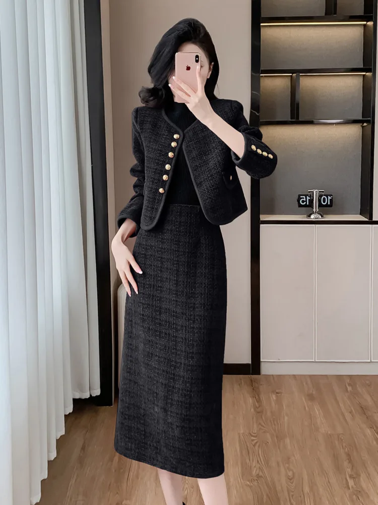 High Quality Christmas Small Fragrant Two Piece Set For Women Tweed Jacket Coat + Long Skirt Suits French Vintage 2 Piece Outfit