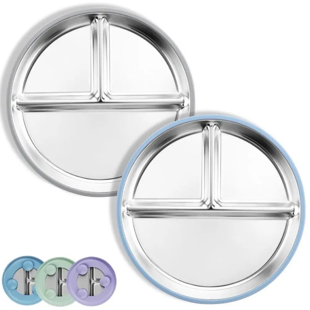 แบ่งออกแบบเด็ก Sucker จานรับประทานอาหาร 304 สแตนเลสสตีลซิลิโคนดูดถ้วยเด็ก 3 กริดจาน Anti-Fall Non-SLIP