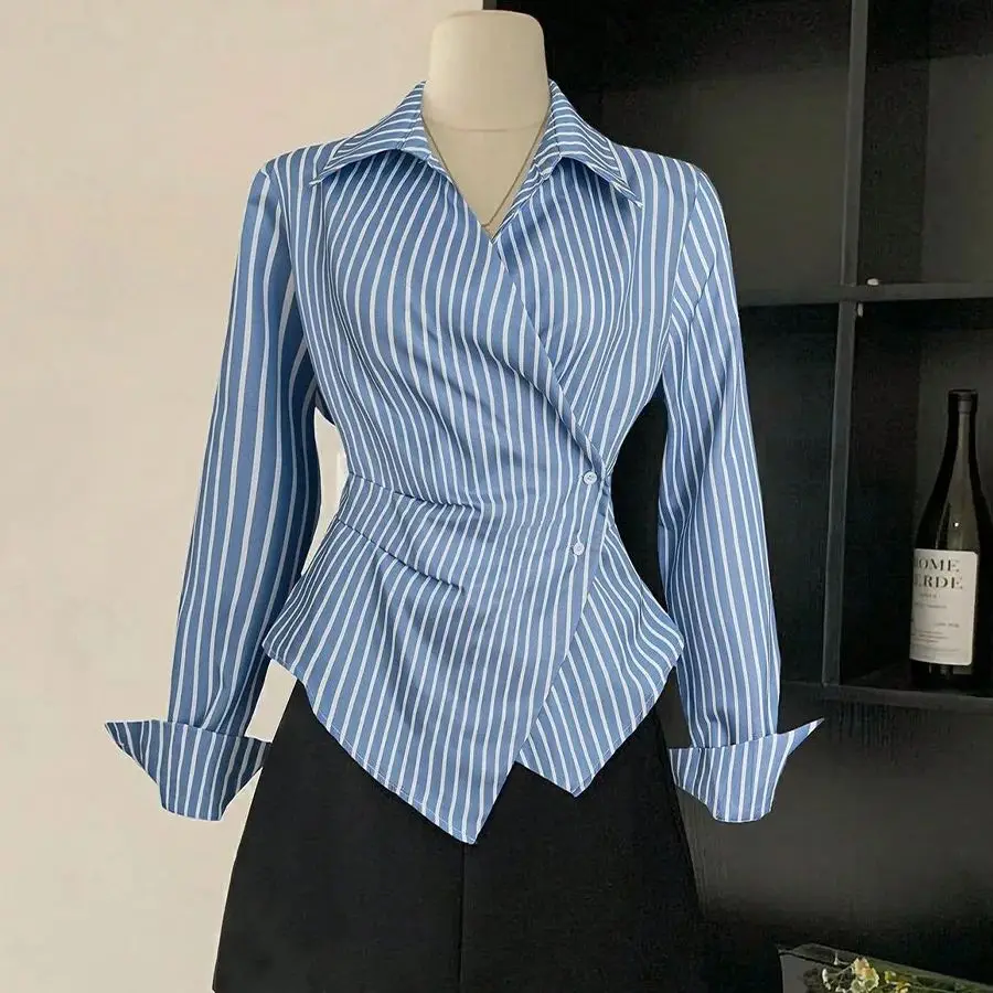 

Women's Elegant Striped Shirt Autumn 2025 Casual Street Style Long Sleeve Open Cardigan Asymmetrical Design Fashionable Top