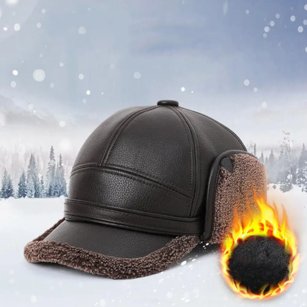 Pu Leder Baseball Kappe Männer Winter Warme Mütze Papa Opa Thermische Hut Dicke Warme Leder Hut Alten Mann Ohr Schutz Skifahren Hut