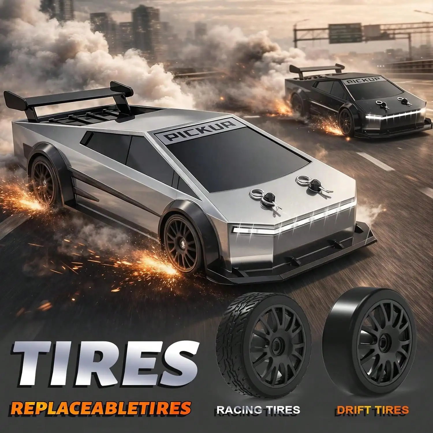 1:24 Scale 4WD RC Drift Car – Futuristic Pickup Remote Control Truck With High/Low Speed, 2 Sets Of Drift & Off-Road Tires, 2.4GHz LED Lights, 2 Batteries – Perfect Christmas Birthday Gift For Boys Girls Ages 6-16