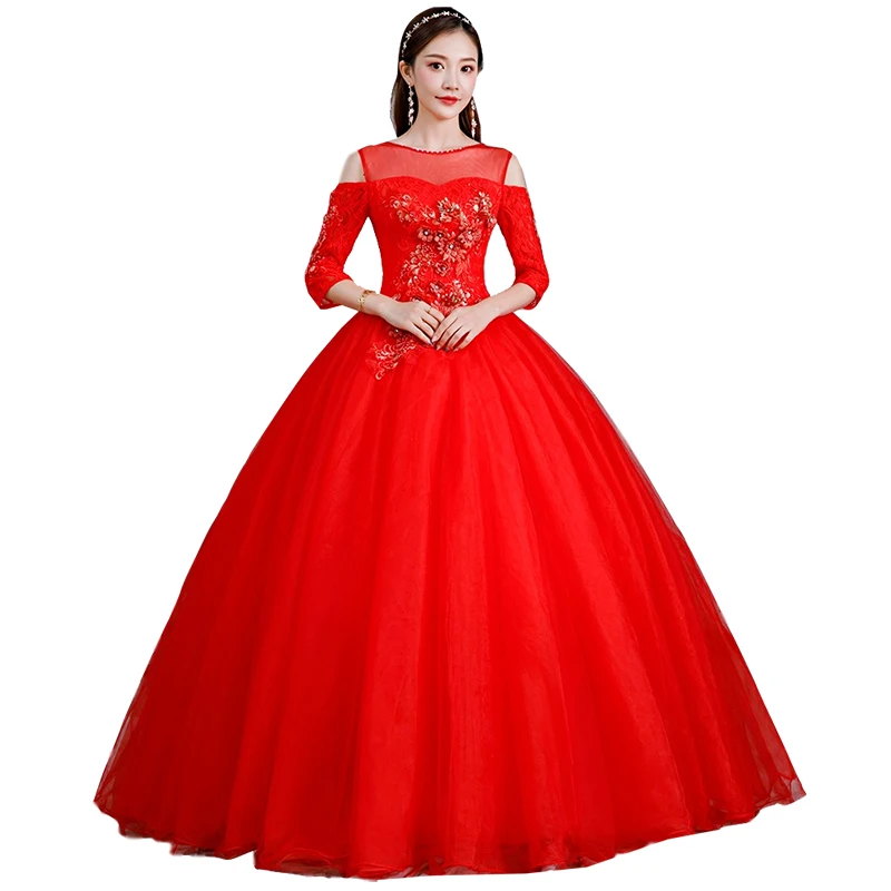 Aangepaste rode Quinceanera-jurken Elegante gezwollen galajurk met mouwen Zoete kanten applique Kralen vestido de debutante