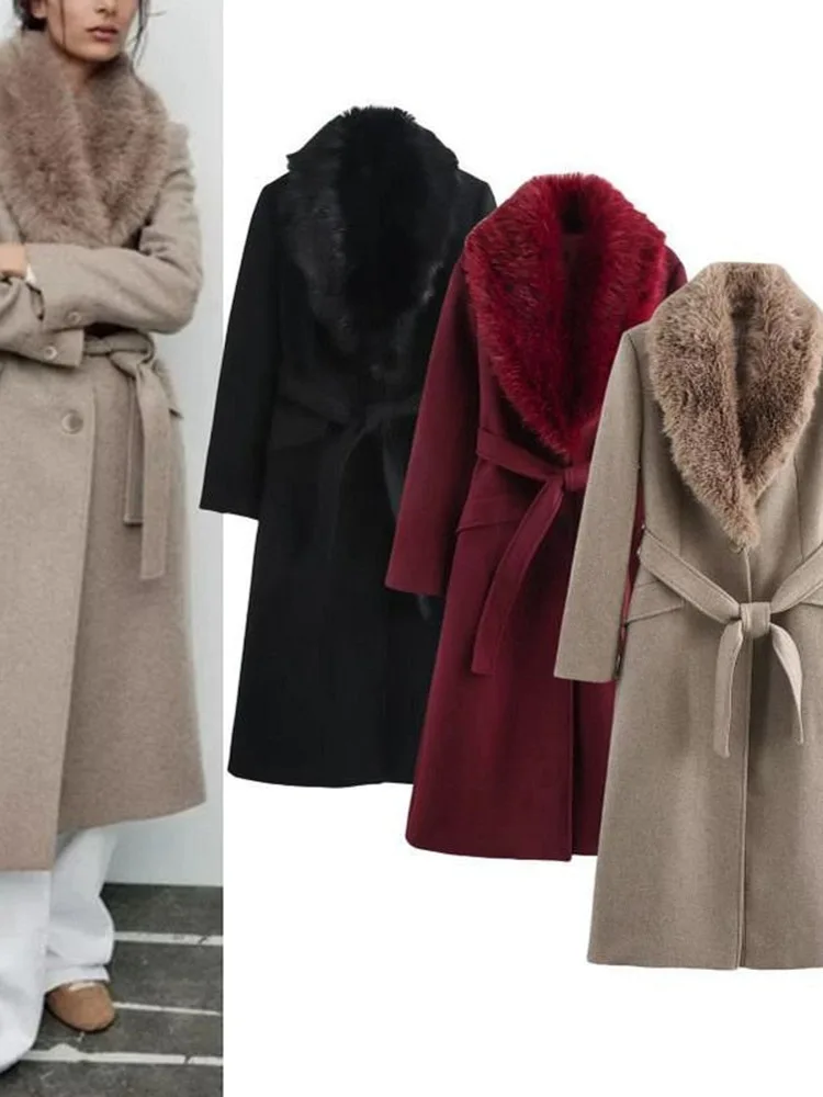 

New Women's High-End Fake Fur Collar Long Coat with Belt Elegant Commute Style Straight Cut Long Sleeve Winter Outerwear