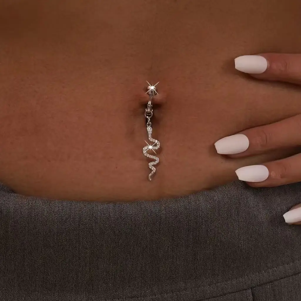 Snake Shape Fake Belly Button Ring Inlaid Shiny Zirconia Simple Punk Style Non Piercing Belly Button Clip On Navel Women Jewelry
