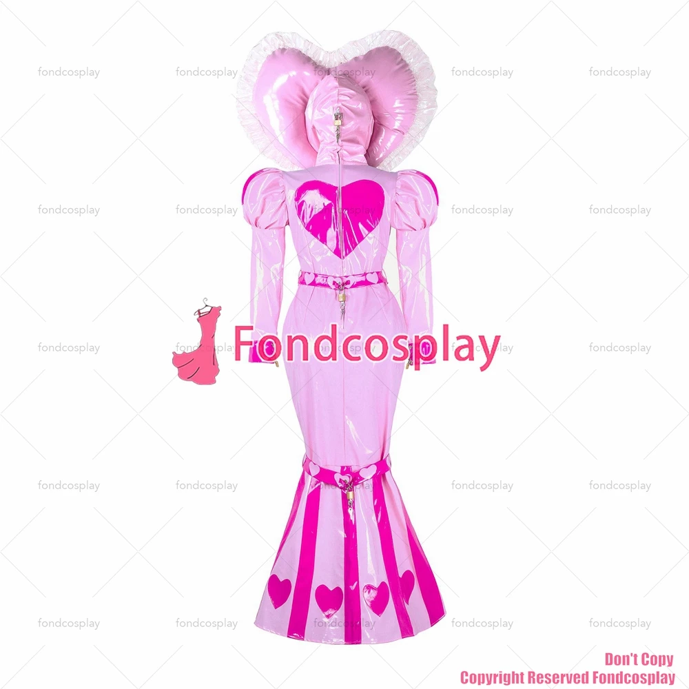 fondcosplay الكبار مثير عبر خلع الملابس سيسي خادمة طويلة الطفل الوردي الثقيلة PVC فستان ذيل السمكة قابل للقفل القلب هود CD/TV [G2339]
