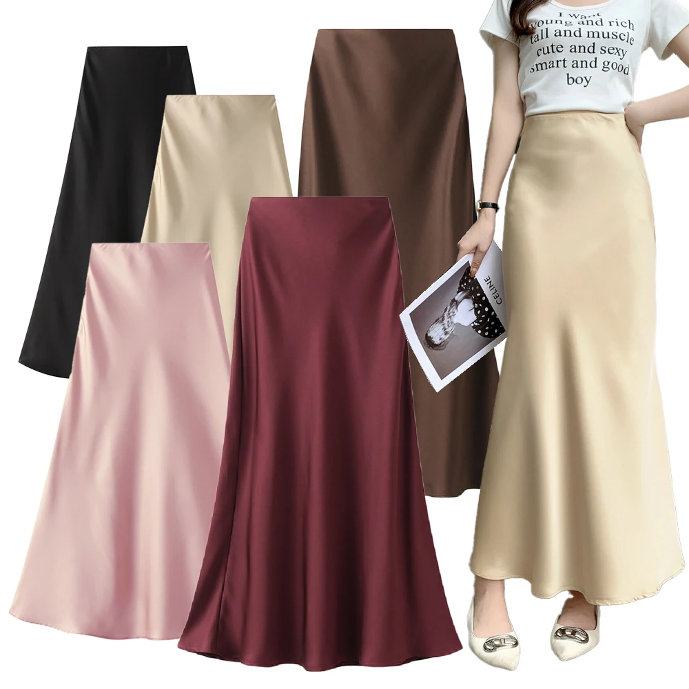 

women solid Acetate satin midi Trumpet skirt vintage office ladies elegant chic Mermaid skirt High waist