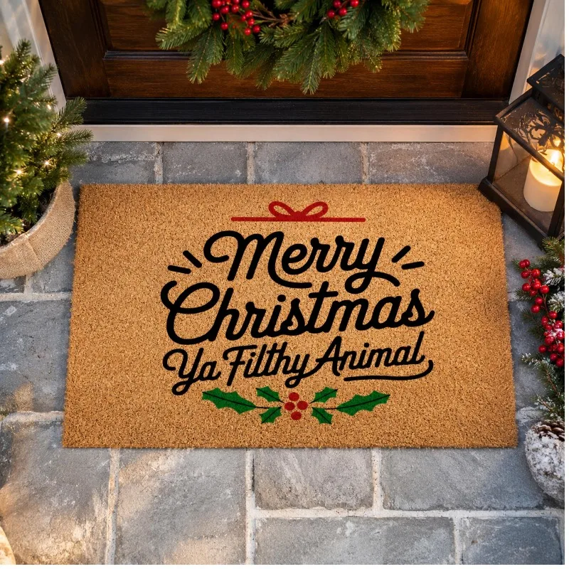Christmas Funny Quote Holly Berry Doormat Vintage Coconut Coir Print Indoor Floor Rug Absorbent Entryway Carpet Door Home Decor