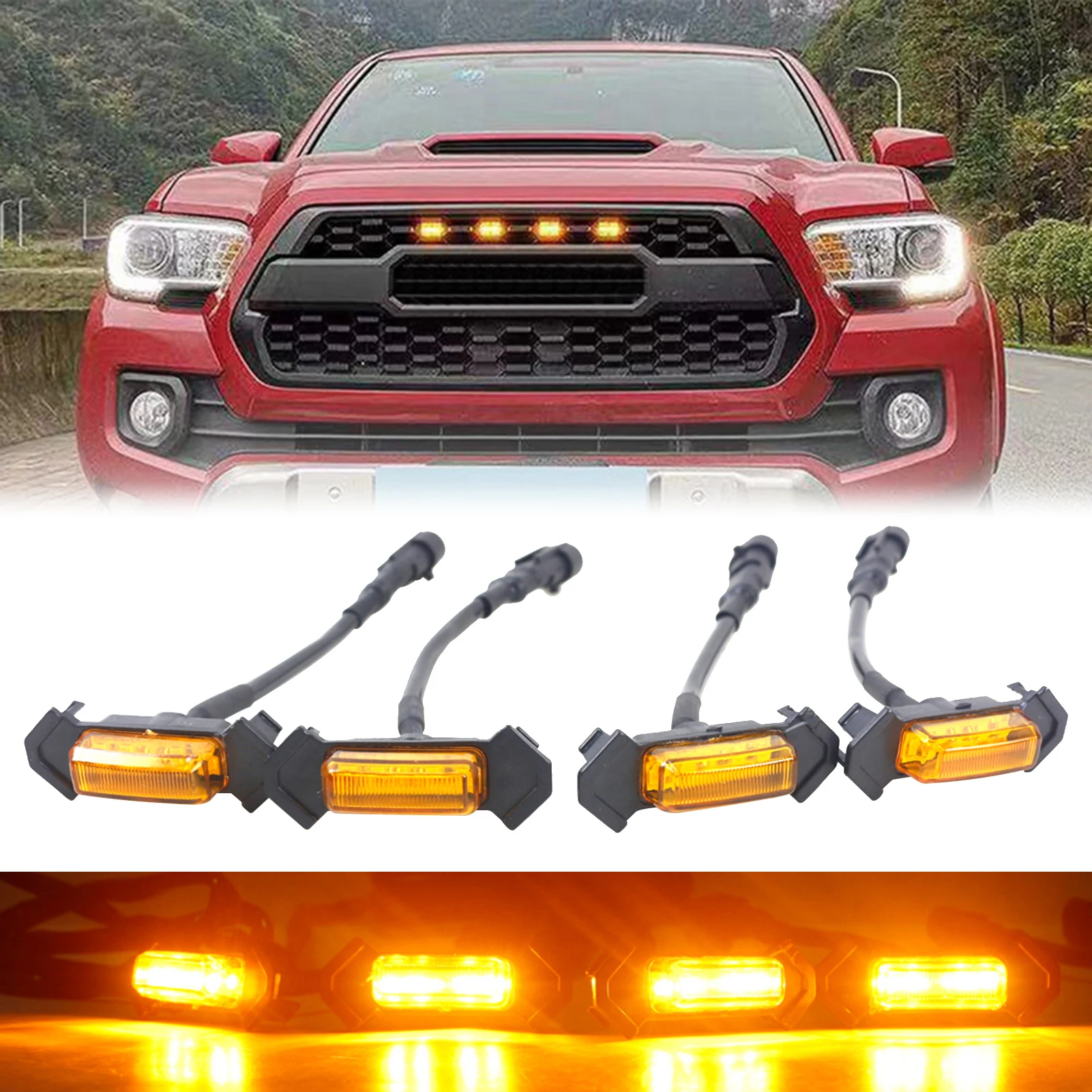 LED Grille Running Lamps, 4 PCS Front Bumper Hood Grille LED Light with Fuse Replacement for Toyota Tacoma 2016-2019, (Black She