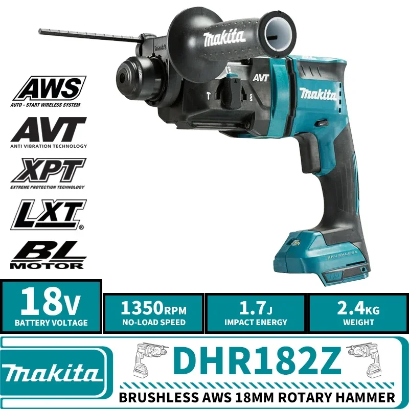 Makita-Ferramentas elétricas de lítio sem fio sem escova, DHR182Z, AWS, 18mm, martelo rotativo, 1.7J, 18V