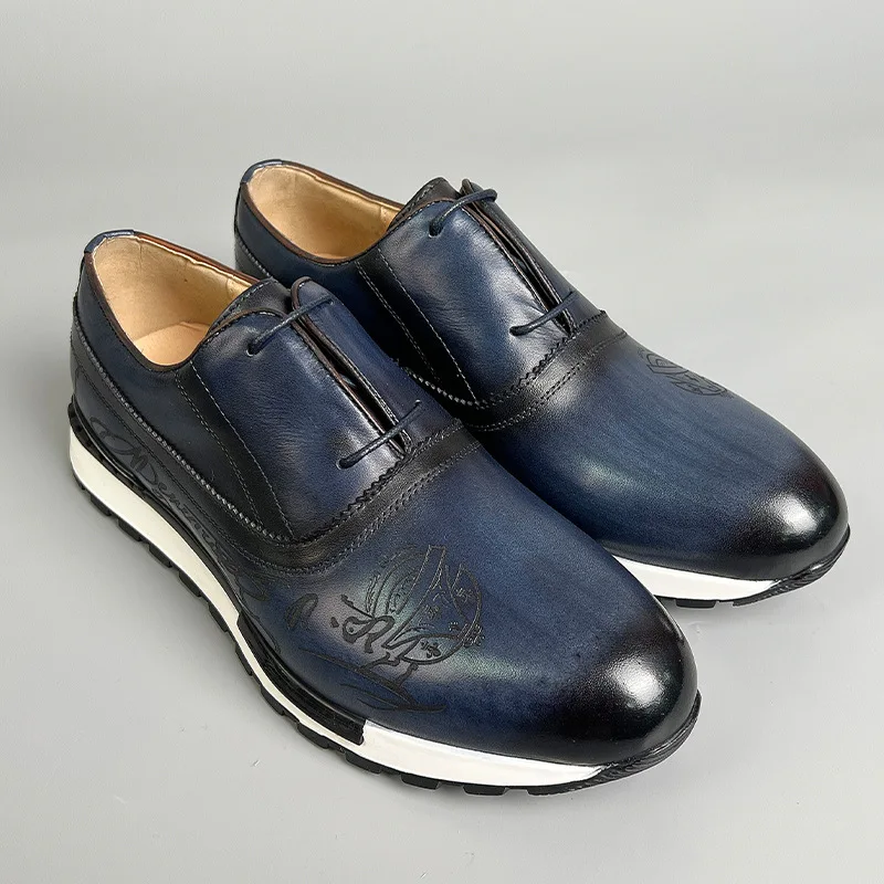 Genuine Leather Casual Shoes Men 2025 Luxury Original Laser Engraving Men's Sneakers Lace-up Oxfords Blue Brown