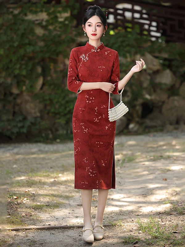 

Ele Wine Red Midi Dr Svel Young Modern Version Floral Print Breathable Fabric for Women in Their 20s