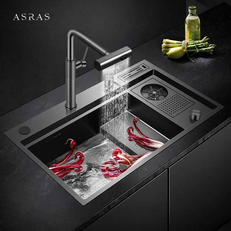 ASRAS Honeycomb Embossing Kitchen Island Sinks 4mm Panel Handmade Nano Step Sinks Cup Rinser Waterfall Faucet Kitchen Sinks