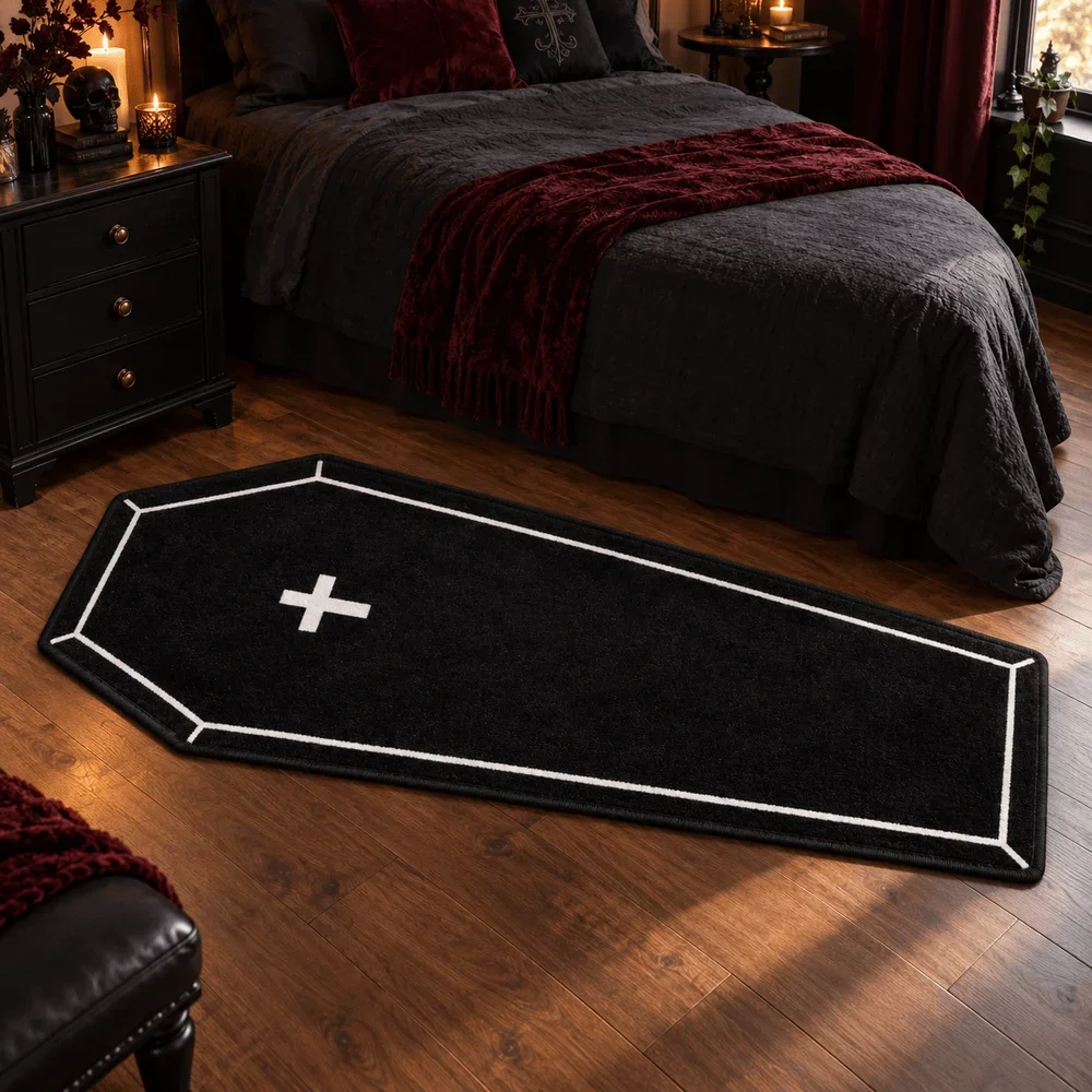 Gothic Coffin Shaped Area Rug Black Grave Cross Floor Mat for Bedroom Living Room Entryway Halloween Home Decor Gift Door Mat