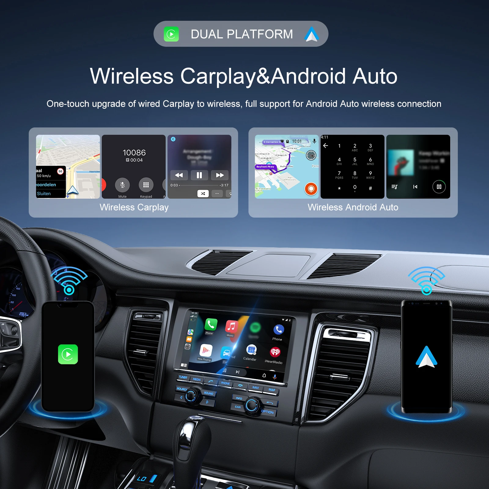 Podofo 2-in-1 Wireless Carplay Android Auto Adapter WIFI Voice Assistant USB/Type-C Navigation Carplay Box For VW Ford Hyundai