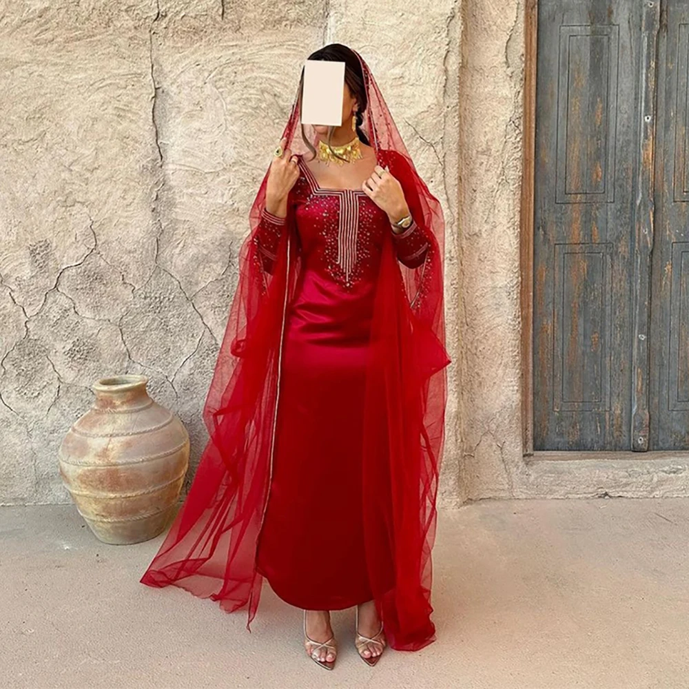 

Verngo Red Square Collar Satin Wedding Party Dress Long Sleeves Sequined A Line Arabic Evening Gown