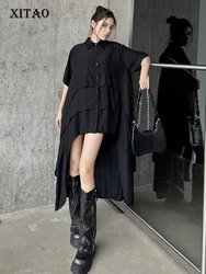 XITAO Asymmetrical Single Breasted Dress Turn-down Collar Solid Color Short Sleeve Loose Slimming Dress 2024 Summer New DMJ4134