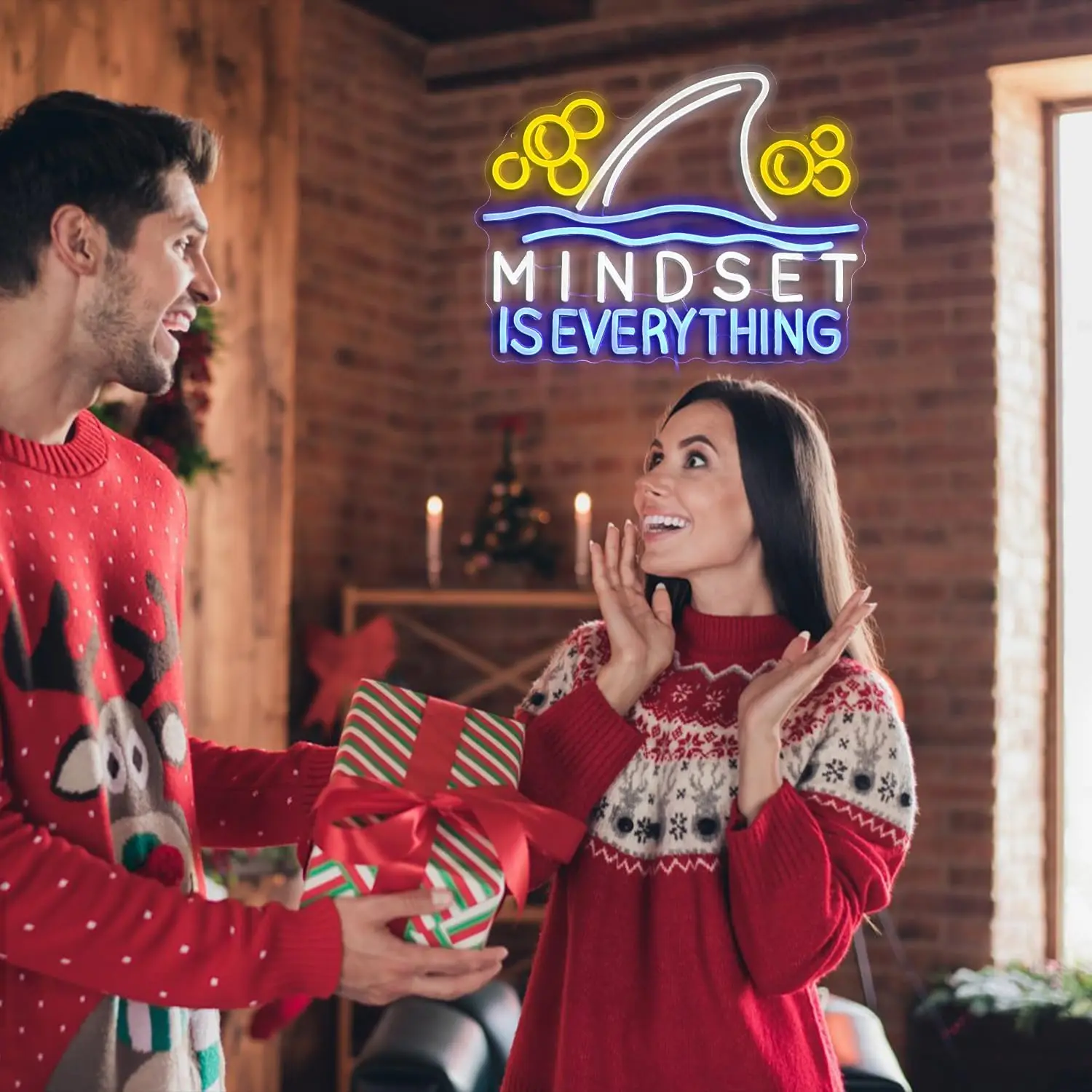 Mindset is Everything Neon Sign Dimmable Led Fish Shark Light Up Sign Wall Decor for Classroom Office Bedroom School