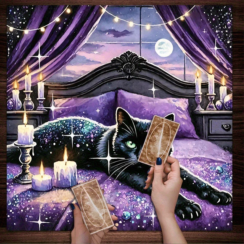 Black Cat Moonlit Tarot Tablecloth Mat Purple Starry Witchy Pattern Polyester Altar Cloth Tarot Reading Mystical Home Decor