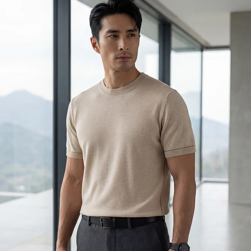New men's mulberry silk T-shirt casual solid knit pullover short sleeved luxury brand loose top high-quality spun cashmere Tees