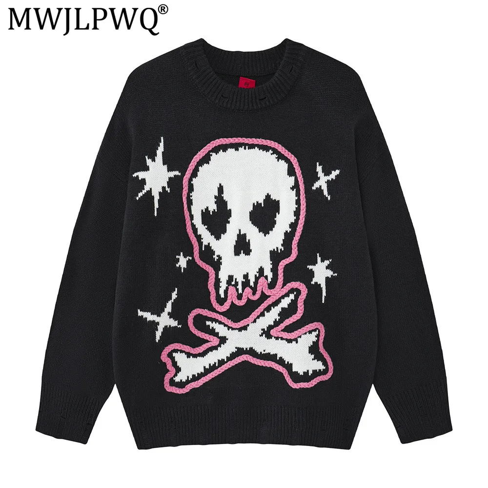 MWJLPWQ Dark Lazy Style Round Neck Printed Sweater Loose Fit Men American Trendy Niche Casual Pullover Knit Top For Autumn 21217
