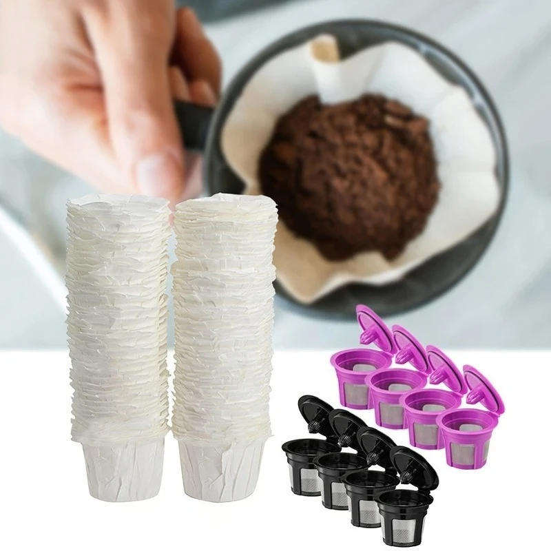 100 Count Natural Disposable Paper Coffee Filters/Reusable K Cup for Keurig Brewers with Paper Filters Set