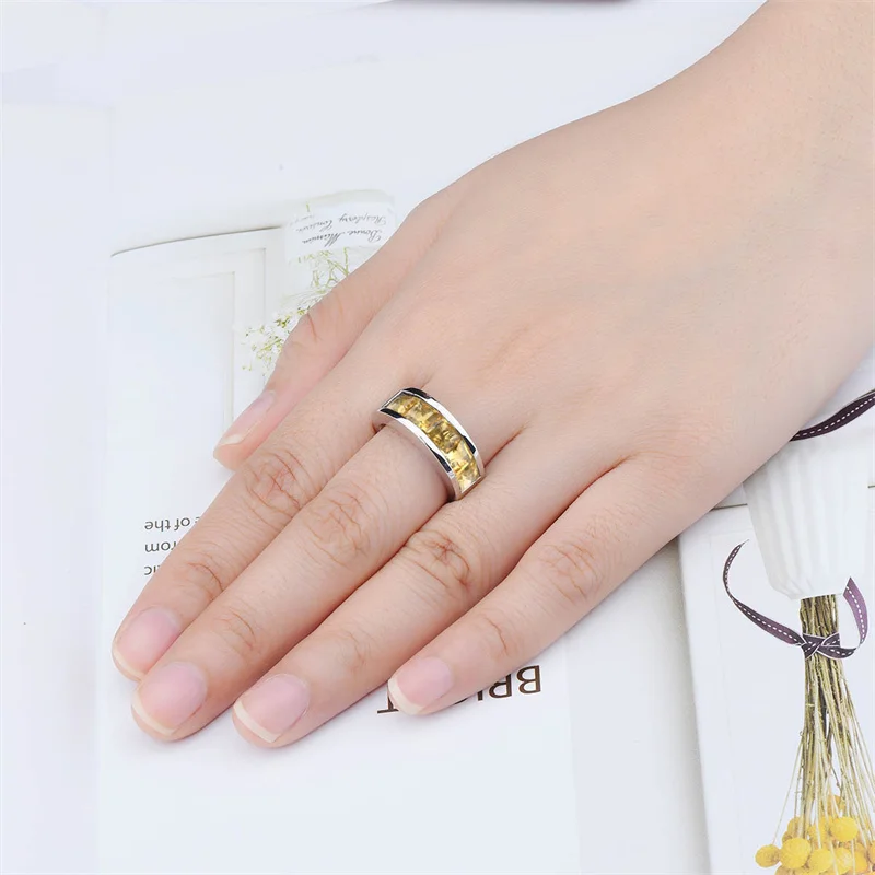 

Natural Citrine Unisex Solid Silver Ring 3.25 Carats Yellow Crystal S925 Jewelry Lover's Band for Anniversary Gifts