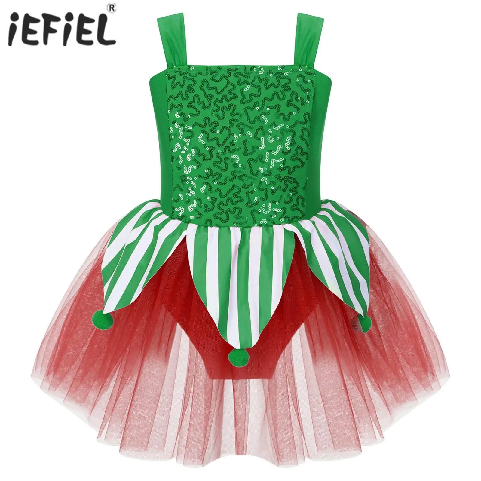 

Kids Girls Shiny Jumpsuit Elf Santa Christmas Cosplay Costumes Jagged Pompoms figure skating ballet Tulle Skirt dress Jumpsuit