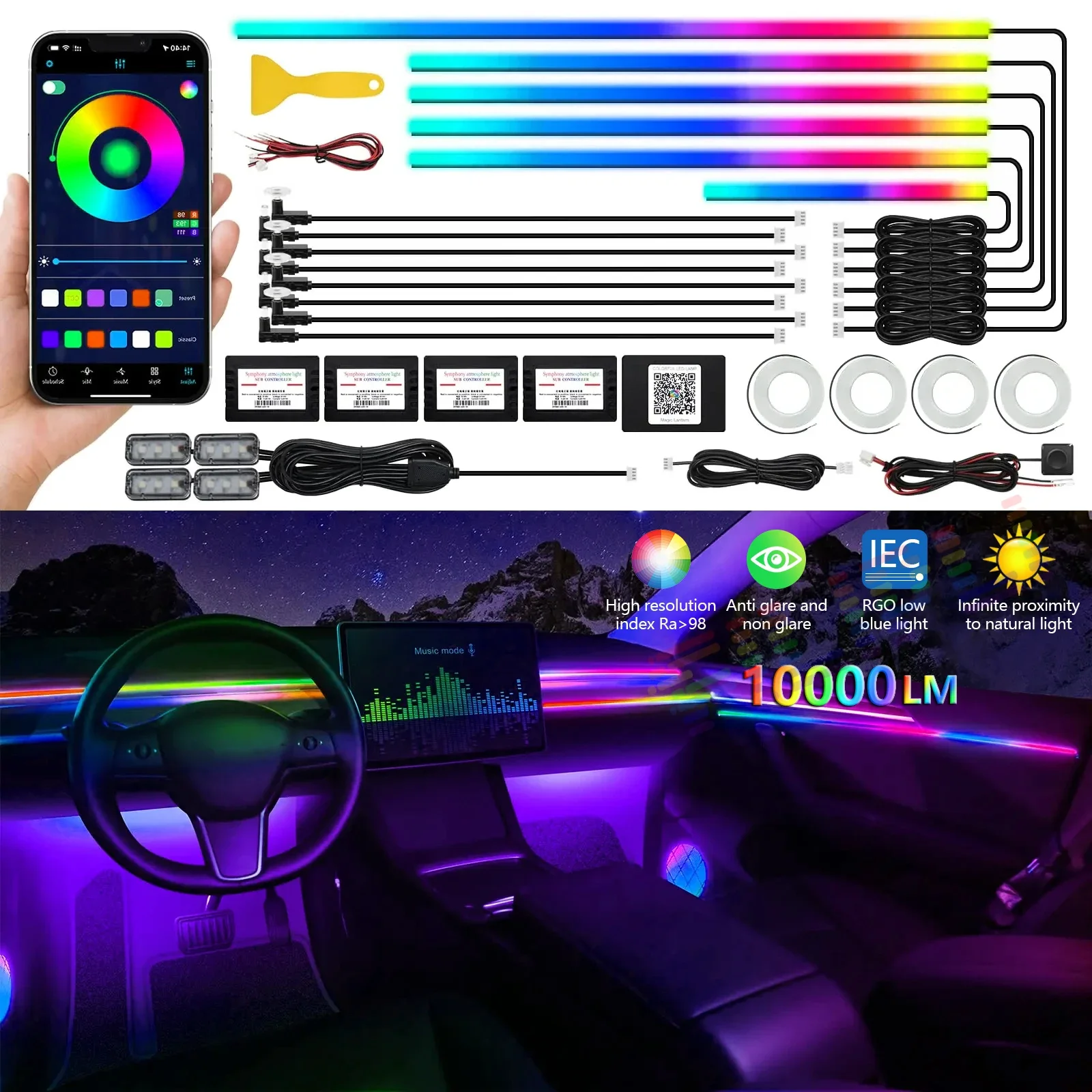 10000LM 22 In1 Full Universal Symphony Car LED Ambient Lights Decoration Atmosphere Lamp 64 RGB Colorful Streamer Rainbow App