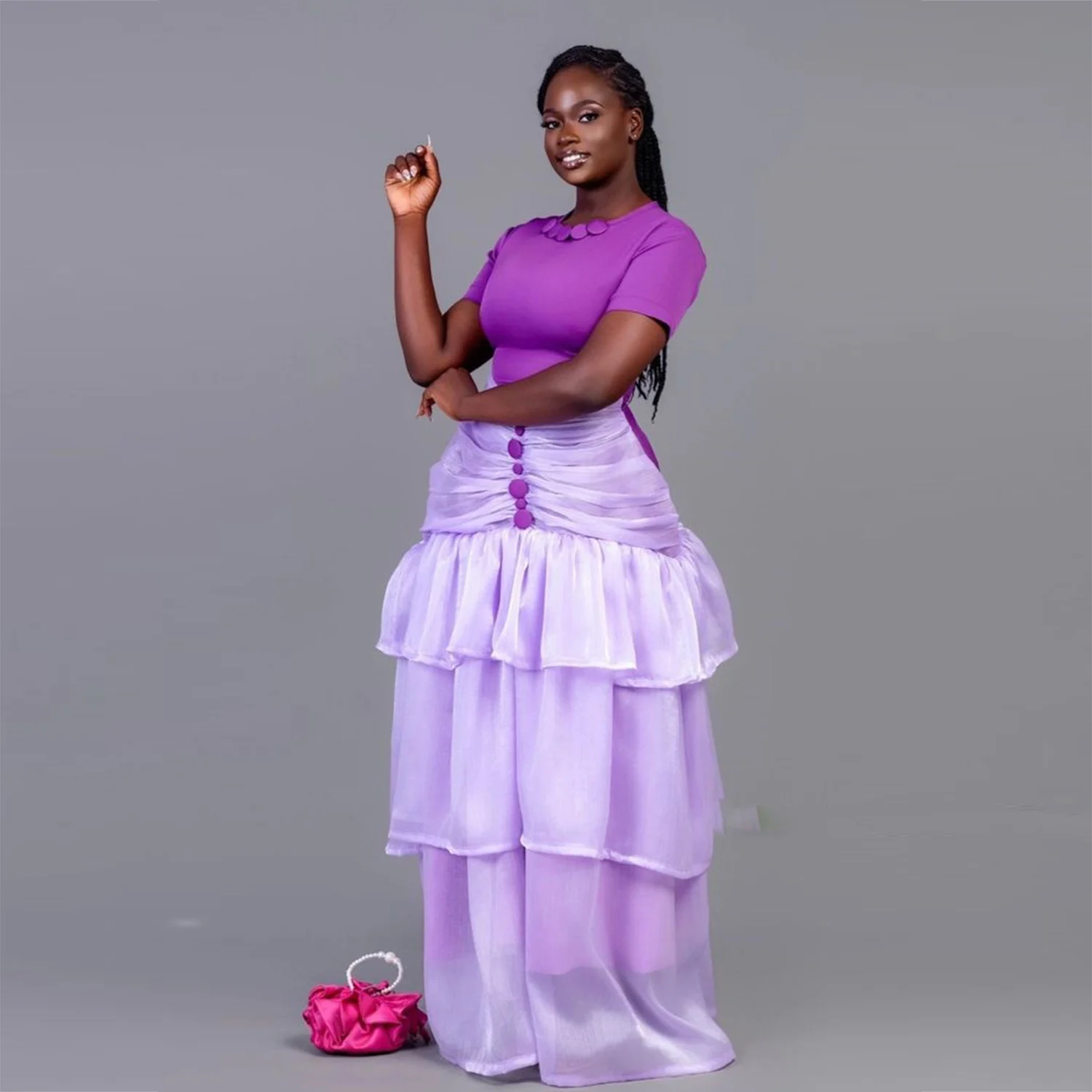 

Lavender Satin Tiered Long Skirts High Waist Ruched Satin Women Skirt To Party Floor Length Aso Ebi Women Skirt Formal Wear