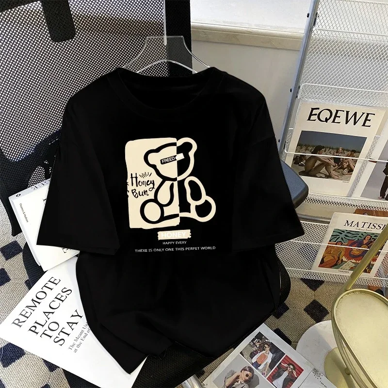 

2025 Summer New Cotton Short Sleeved Plus Size T-shirt for Women, Korean Version Loose and Slimming Print