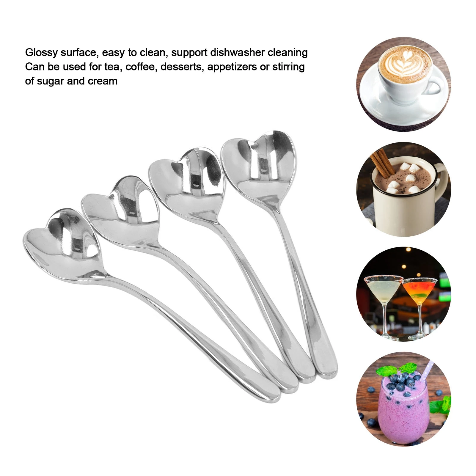 

E5 4Pcs Coffee Spoon Stainless Steel Heart Shaped Tea Dessert Sugar Stirring Spoon Cafe Kitchen Gadget Sets Tableware Utensils
