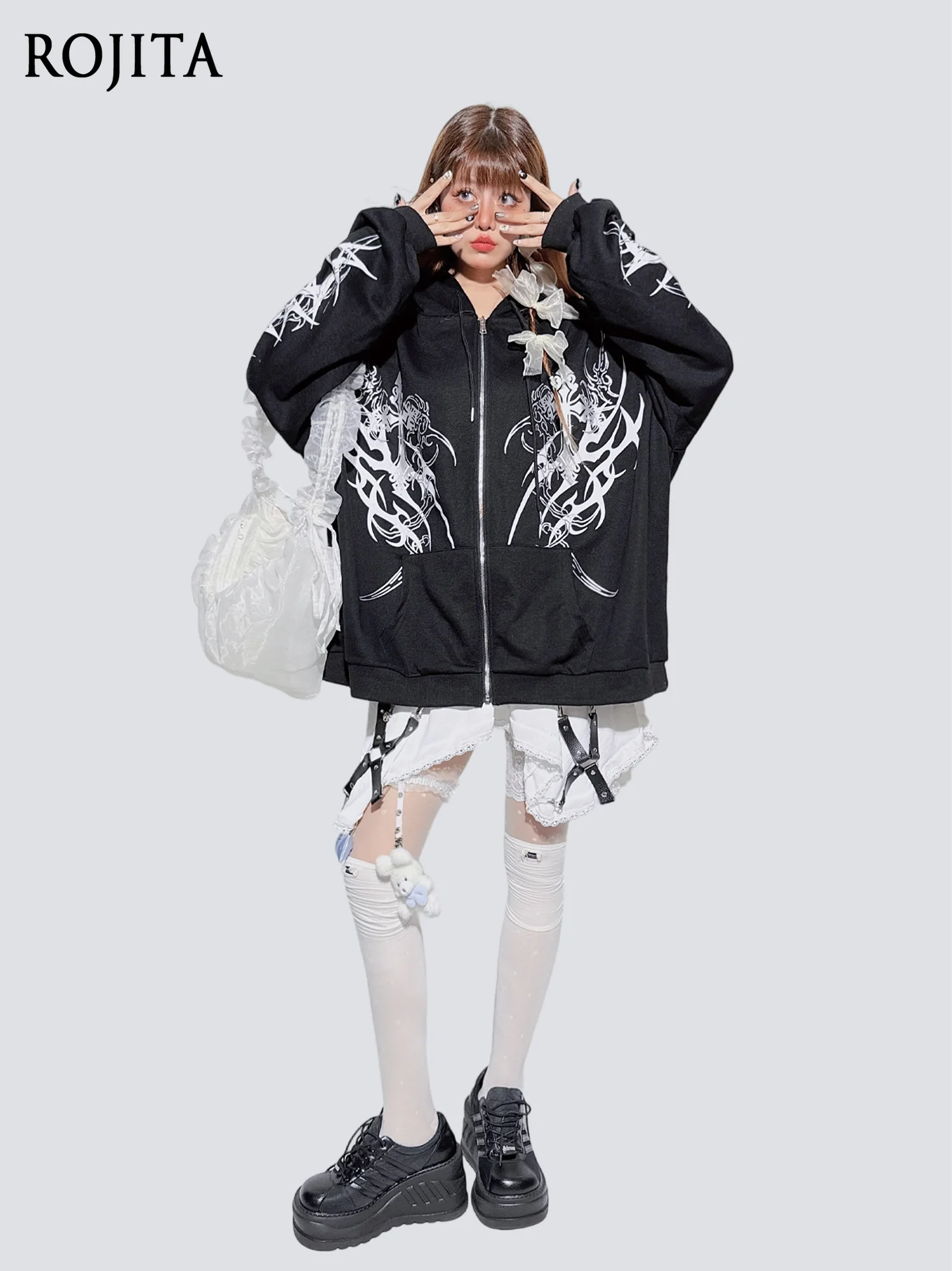 

Hot Girl Cardigan Jacket Fashion Printed Hooded Short Sweatshirt for Women Trendy Straight Mid-Length Black Zipper Hoodies