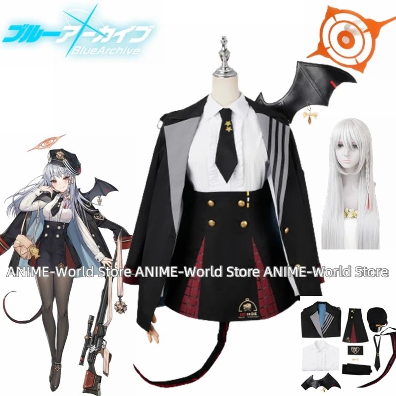 《Custom Size》Anime Blue Archive Kurodate Haruna Cosplay Costume Girl JK Uniform Skirt Wing Tail Hat Tie Belt Headwear Wig