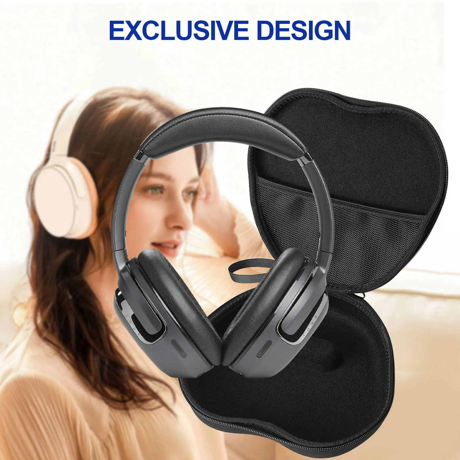 حقيبة تخزين بغطاء صلب من مادة EVA لسماعات الرأس من أجل JBL Tour One مع مجموعة أقلام تنظيف - أسود