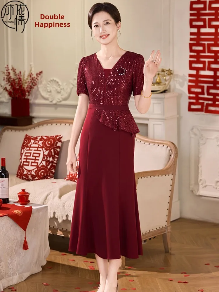

Elegant Summer Wedding Dress for Elderly Women Young Style Mommy Fish Tail Gown Long Lace Skirt V Neck mid Length Slim Fit