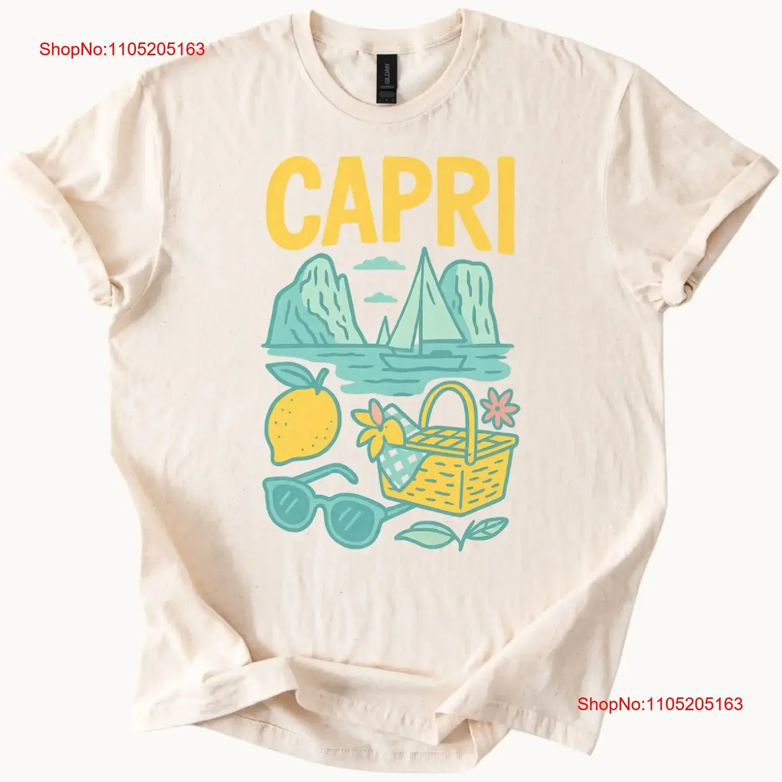 

Capri Italy Lemon Picnic Basket Sailboat Faraglioni Rocks T Shirt vintage Washed designer clothes fashion Stylish Soft