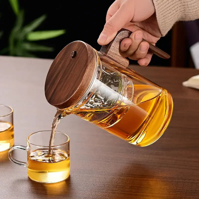 One Click Magnetic Switch Tea Separation Filtration Glass Tea Pot Wood Handle Tea Water Separation Inner Container Teapot