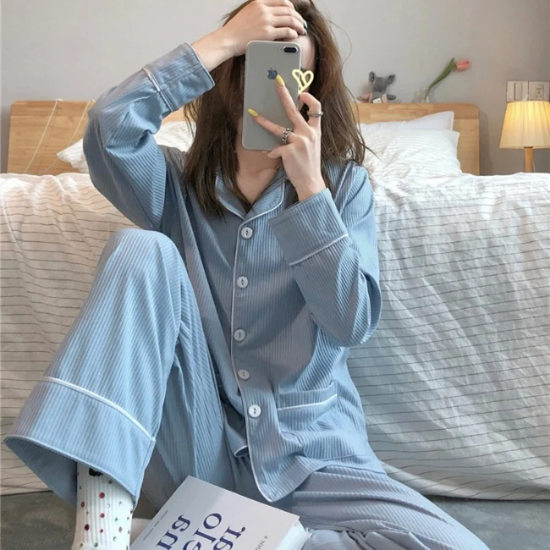 

New Autumn/Winter Collection: Korean-Style Solid Colour Minimalist Ribbed Pyjamas for Women Long-Sleeved Loose Fit Plus Size Set