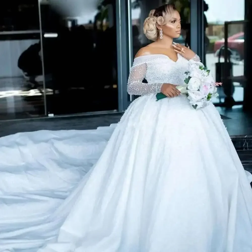 Customized  Off The Shoulder Shinny Beads Wedding Dress For Bride  Illusion Full Sleeve Garden Ballgown Puffy Bridal Gowns