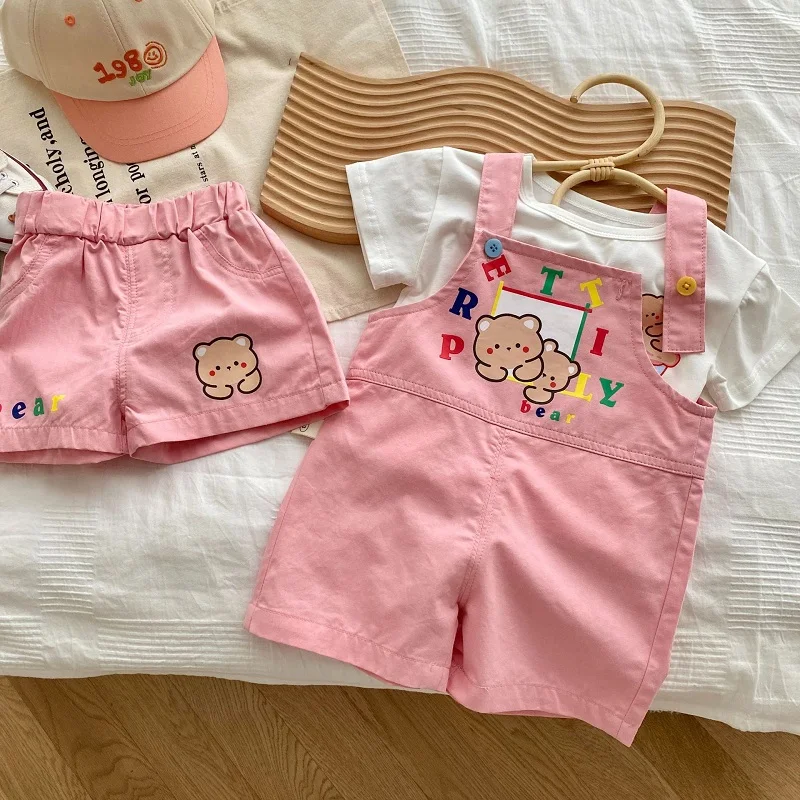 Lovely Children Girl Clothes 0-6Years Kids Short Sleeve Bear Pattern Cotton T-shirt Elastic Waist Shorts Bottom Overall Jumpsuit