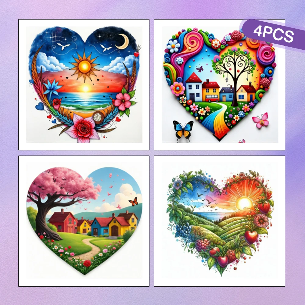 HUACAN 4-teiliges Haus-Diamant-Malerei-Set, Landschaft, Diamant-Mosaik, Natur, Landschaft, Heimdekoration, Kunsthandwerk, Kunst, Geschenk, voller runder Bohrer