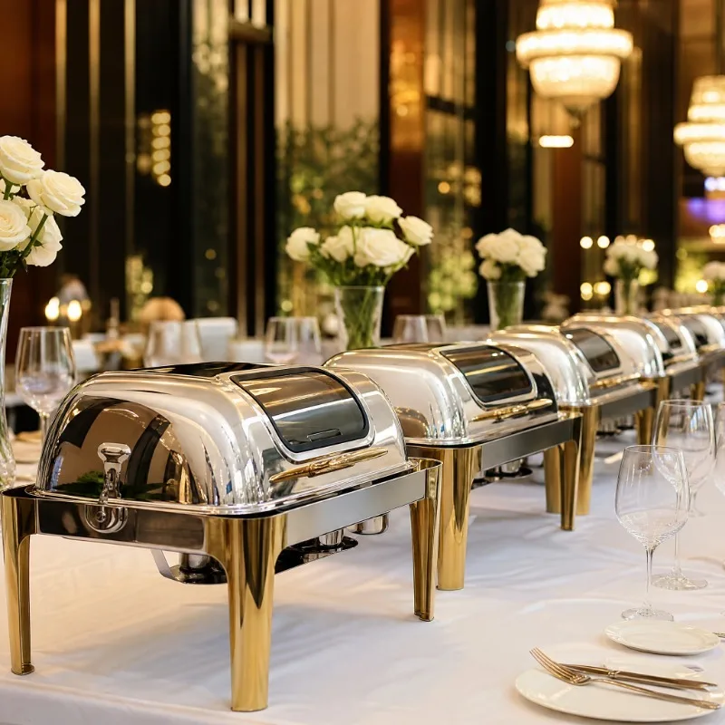 Luxury Roll Top Chafing Dish Set, Stainless Steel Commercial Buffet Food Warmer Server With Fuel Holders, Catering Equipment