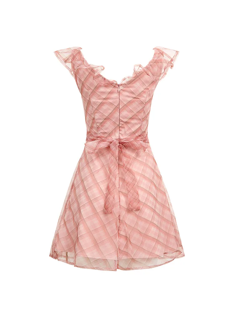 Fashion Party Prom Pink Plaid Slim Dress Spring Summer V-Neck Bow New Design A-Line Dress Daily 2000s Elegant Sweet Aesthetic