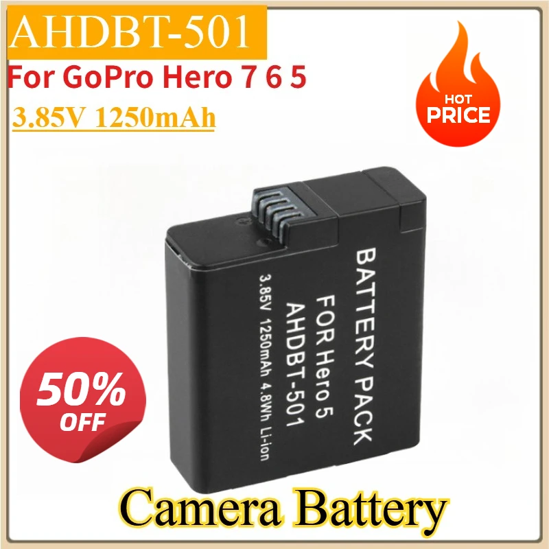 

New AHDBT-501 AHDBT 501 3.85V 1250mAh Replacement Camera Battery For GoPro Hero 7 6 5 Black Sports Camera High Quality Batteries